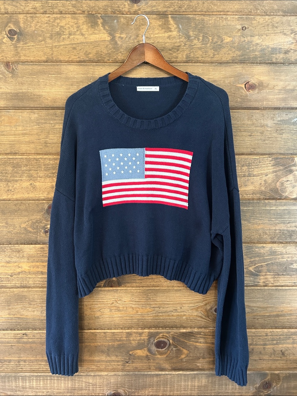 moon & madison Navy Crewneck Sweater with Flag Intarsia - Picture 1 of 5